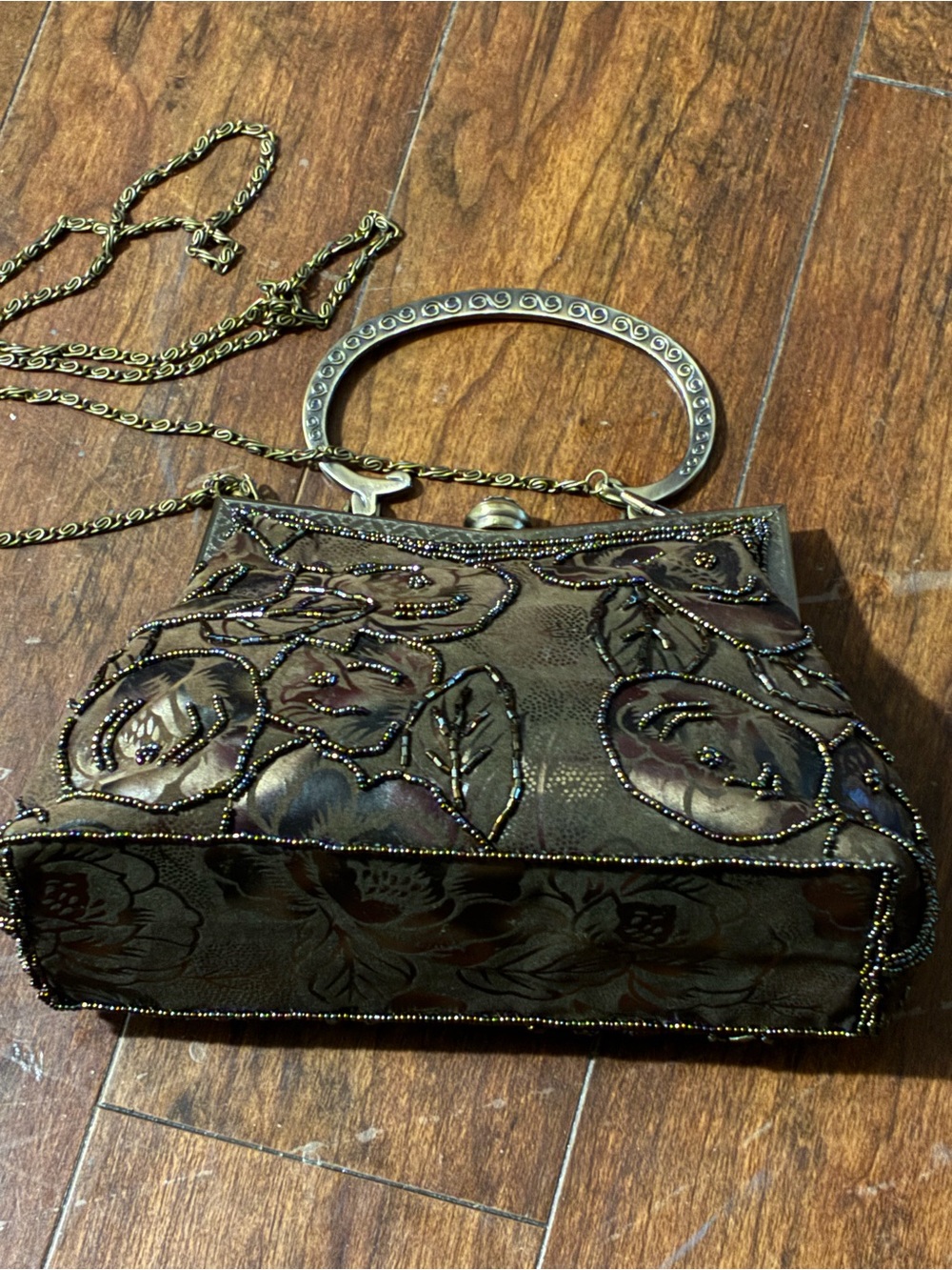 Beaded Floral Evening Bag with Metal Handle - Bronze